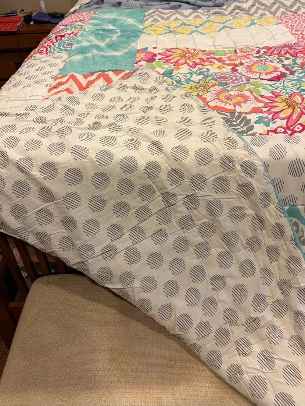 Pottery Barn Teen Multicolor Patchwork Quilt — Aqua, Pink, Coral, Gray